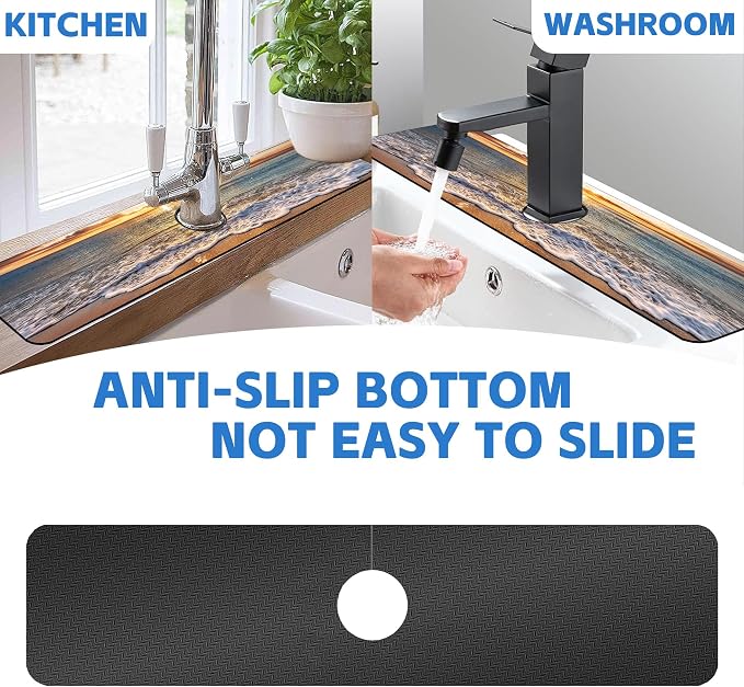 Faucet Mat for Kitchen Sink Seaside Scene Island Sink Splash Guard Behind Faucet Soft Diatom Mud Material Non-slip Easy to Clean for Bathroom & Kitchen 24"X5.5" - Image 7