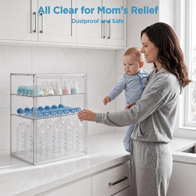 HBlife Baby Bottle Storage Organizer for Countertop Cabinet, 3 Tiers Adjustable Clear Acrylic Bottles Storage Station Case Box Container with 2 Removable Dividers and Magnetic Door, X-Large - Image 2