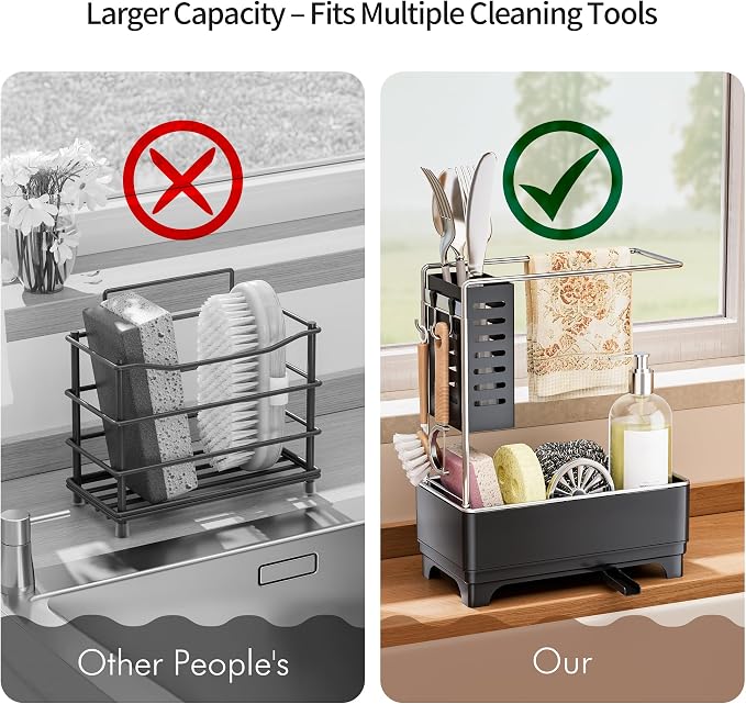MOUKABAL 2-Tier Sponge Holder for Kitchen Sink, Sink Caddy Organizer Black | Large Capacity/Stainless Steel/Drain Holes Keep Items Dry/Holds Brush & Dishcloth/Side Hooks/Kitchen Counter Organizer - Image 4