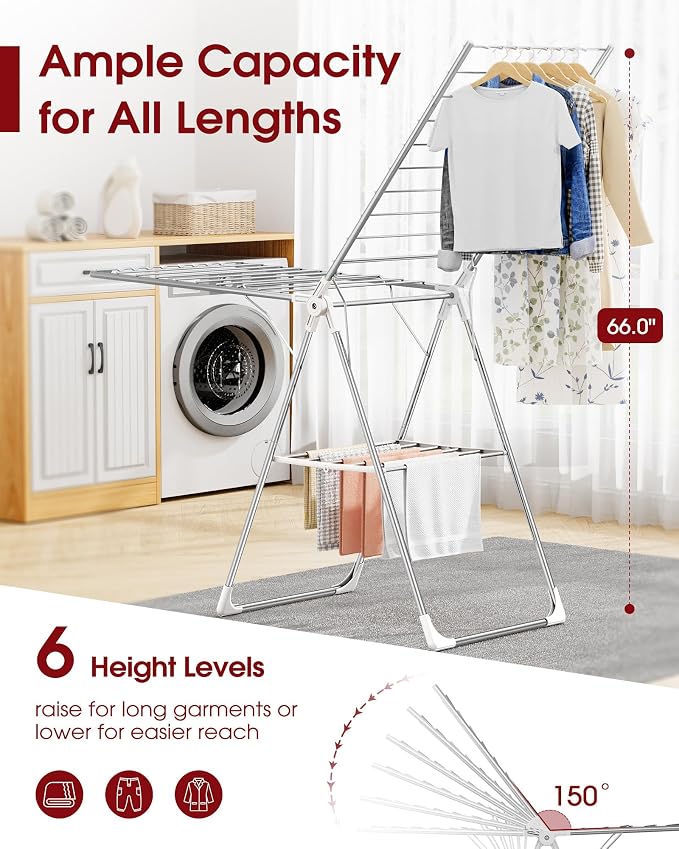 Sakugi Clothes Drying Rack, 69.5" Adjustable Wings, Foldable Design | Laundry Room, Bedroom, Outdoor & Indoor Use, Height Adjustable, Collapsible, Silver White, 69.5" L × 22.8" W - Image 2
