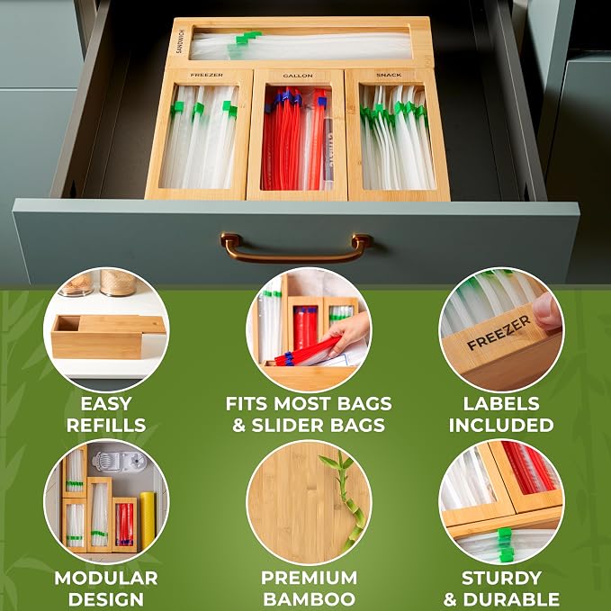 Bamboo Bag Organizer for Drawer, 4 Blocks, Plastic Bag Storage Holder | Kitchen organization with quick refill from the back; labels included; fits gallon, quart, sandwich and snack sizes - Image 4