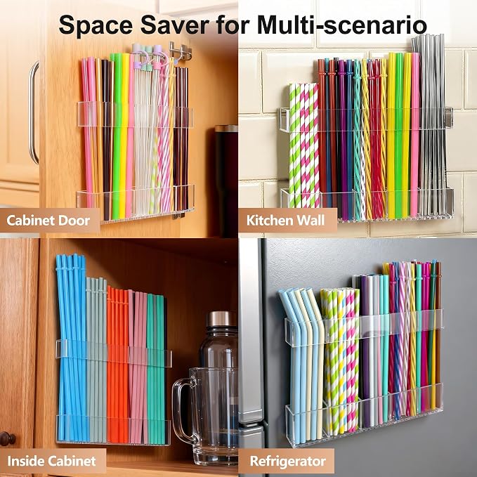 9.5” Large Acrylic Straw Holder for Cabinet Door, Adjustable Two-Part | Reusable Straws Organizer with Ultra Sticky Adhesive Strips, 2026 Straw Storage for Kitchen Cupboard (Transparent) - Image 8