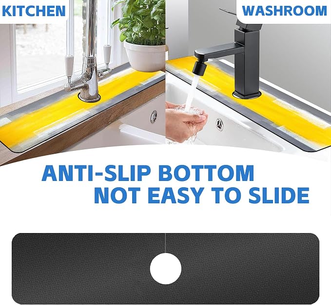 Kitchen Faucet Mat Grey and Yellow Abstract Geometric Sink Splash Guard Behind Faucet Draining Mat Kitchen Accessories Non-slip Easy to Clean for Bathroom & Kitchen 24"X5.5" - Image 7