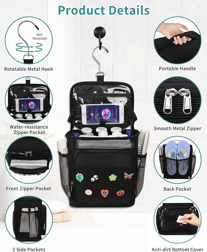 Shower Caddy Portable, Hanging Shower Caddy for College Dorm Room Essentials, Mesh Shower Bag with DIY Decoration Charms, Large Capacity Toiletry Bag for Gym, Swiming, Camping, Bathroom, Beach, Travel - Image 5