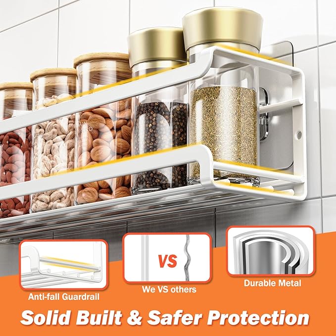 Bunoxea Spice Rack Wall Mounted 4 Pack, White,11.41x2.75x2.75in | 4 Removalble Hooks,Screw or Adhesive Hanging,Space-Saving,For Kitchen Cabinet, Pantry Door,Stove,RV - Image 4