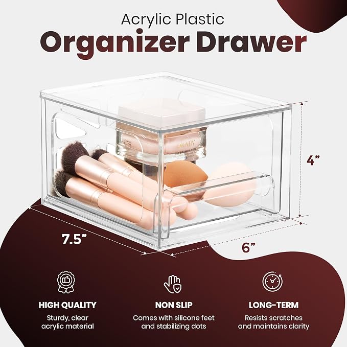 Oizeir Acrylic Drawer Organizer 2-Pack – Clear Stackable Storage Drawers for Makeup, Skincare, Vanity, Bathroom, Under Sink, Kitchen & Office – Non-Slip, Durable, Multi-Purpose Organizer Bins - Image 2