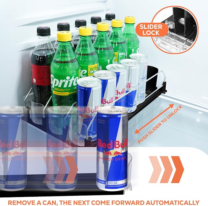 Drink Fridge Organizer, Upgraded Design of Soda Organizer for Refrigerator with Larger Stopper Height. Width Adjustable Automatic Drink Dispenser with Lock Hold 15 Cans (3 Rows, Black) - Image 4
