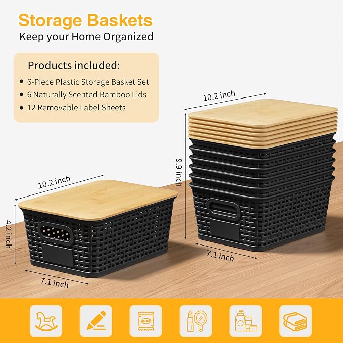 6 Pack Plastic Storage Baskets, Black bamboo lid storage Box | Labels, Stackable, For Organizing Shelves Pantry Drawers Desktop Closets Organizing Desktop Closet Playroom Classroom - Image 3