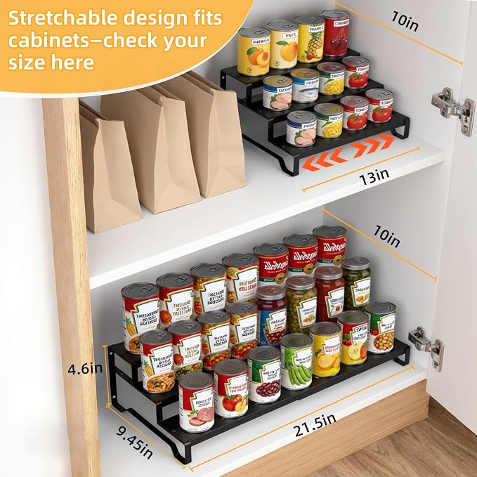 Expandable Can Organizer for Pantry, 3 Tier Metal Canned Food Storage | 13"-21" Adjustable Length, Tiered Soda Organizer Hold 21 Cans, Large-Capacity Storage Holder for Kitchen Cabinet Countertop - Image 3