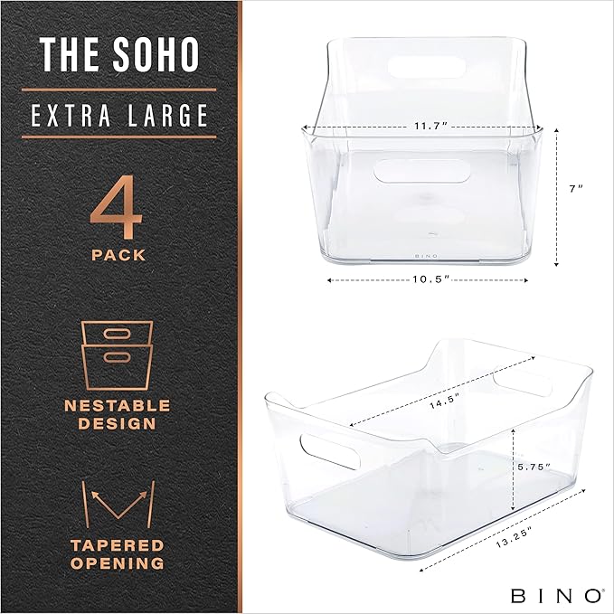 BINO | Plastic Organizer Bins, X-Large - 4 Pack | The SOHO Collection | Multi-Use Organizer Bins | Pantry & Freezer Bin | Plastic Storage Containers | Bin for Home & Kitchen Org - Image 2