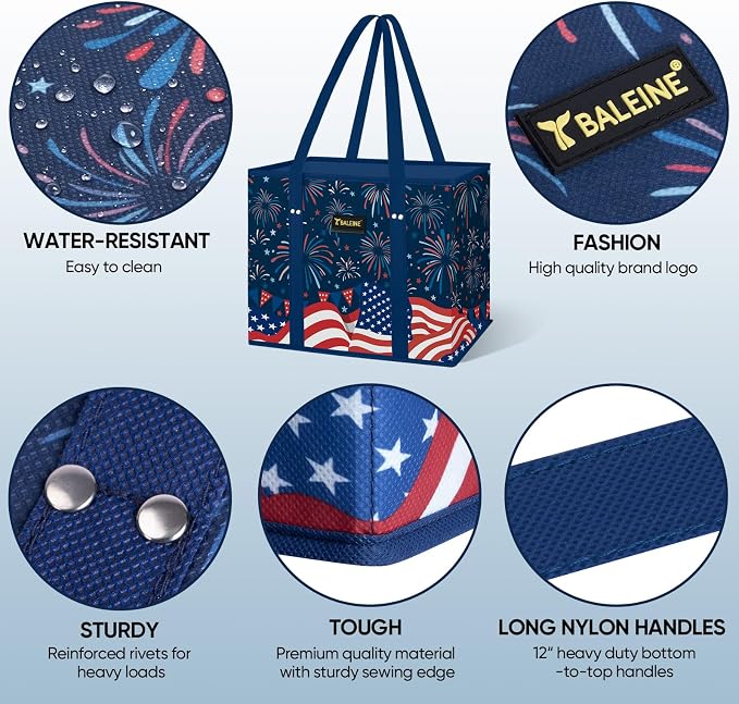 BALEINE 3PK Reusable Grocery Bags, Heavy Duty Shopping Tote Bag | 12'' Long Handles, Reinforced Bottom Keeps Upright, Fold Flat Storage, Water-Resistant Shopping Bag, Multiple Color Options - Image 4