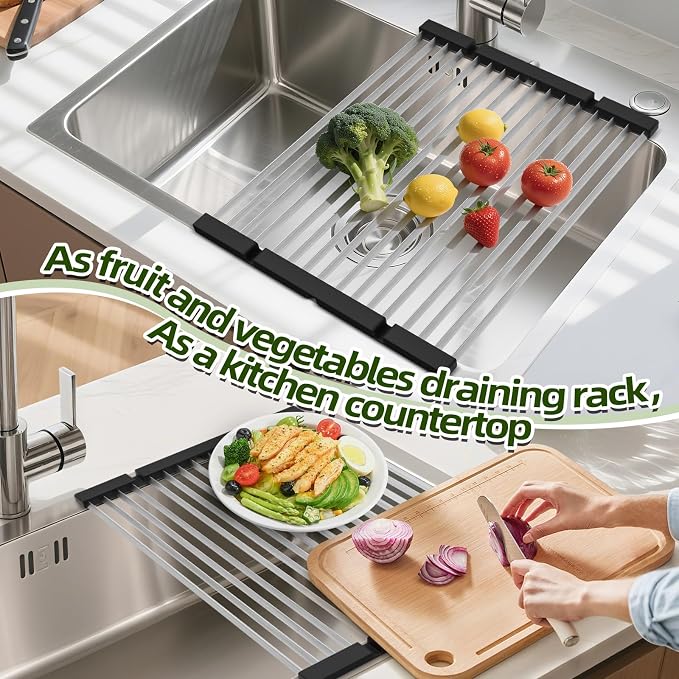 GAViA Roll Up Dish Drying Rack, Foldable Over The Sink Dish Drying Rack | 17.3" x 13", Non-Slip,Heat-Resistant, Anti-Rust,Stainless Steel Sink Drying Mat,Dish Drainer,Sink Cover, All-in-one, Black - Image 7
