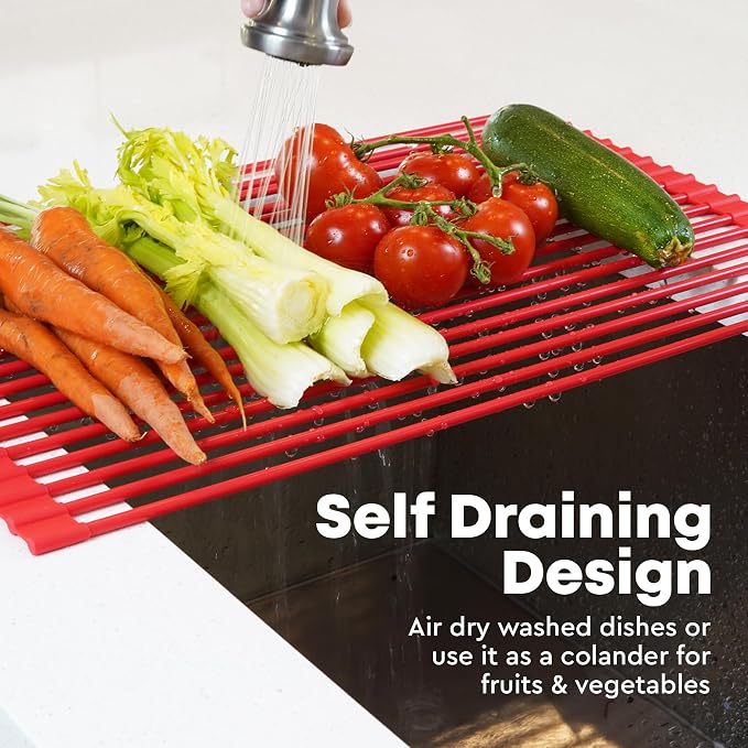 Zulay Kitchen Large Roll Up Dish Drying Rack - Heavy Duty Silicone Wrapped Steel Rods Over Sink Dish Drying Rack - Versatile Roll Up Sink Drying Rack & Trivet - Red,20.5 inches x 13 inches - Image 7