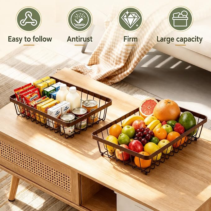 2-Tier Fruit Basket for Kitchen Counter with 2 Banana Hangers | Large Metal Fruit Bowl, Versatile Holder for Veggies, Produce Storage, 12.5"×7.5"×12"-Bronze - Image 6