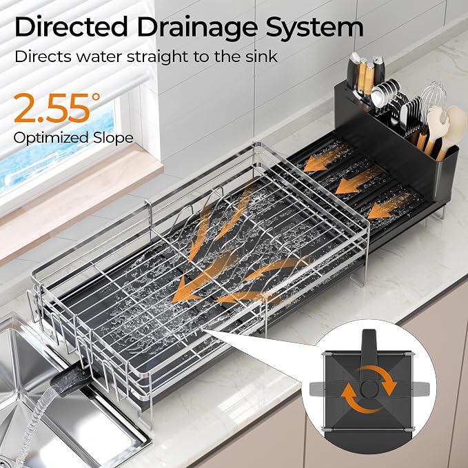 Delamu Stainless Steel Dish Drying Rack, Expandable Dish Drainer | Anti-Rust Dish Racks for Kitchen Counter, Dish Strainers with Drainboard, Utensil & Cup Holder, 13.4"-28.7" L x 11.8" W - Image 5