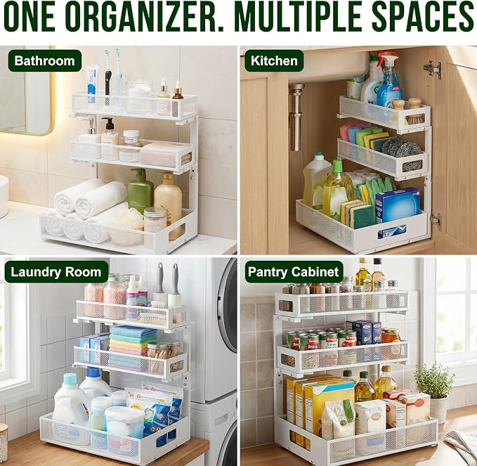 3 Tier Under Sink Organizer,1 Pack Pull Out Cabinet Shelves with Adjustable Height,Heavy Duty Carbon Steel L-Shaped Storage for Kitchen Bathroom Sink,Pantry & Laundry,White - Image 9