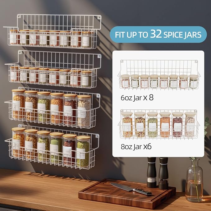 Spice Rack Wall Mount, 4 Pack Spice Organizer, White | Wire Spice Rack, Spice Storage Shelf, Space-Saving, For Kitchen Cabinet, Pantry Door, RV - Image 6