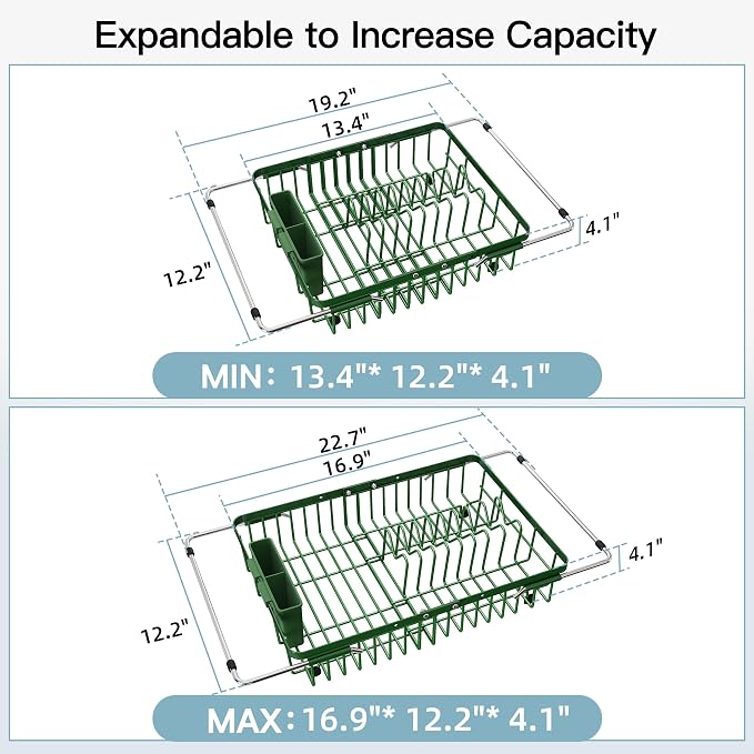 JASIWAY Green Dish Drying Rack Over the Sink with Utensil Holder | Expandable Stainless Steel Dish Driainers for Small Kitchen, Apartment, Counter Space Saving, Fast Drain, Rust Resistant - Image 4