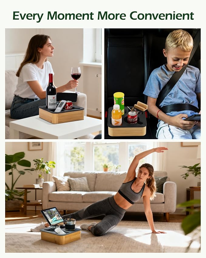 Couch Cup Holder Tray, Bamboo Couch Caddy with Rotatable Phone Holder for Bed Organizer, Waterproof Anti-spill Sofa Cup Holder for Snacks Beverage Remote White - Image 6