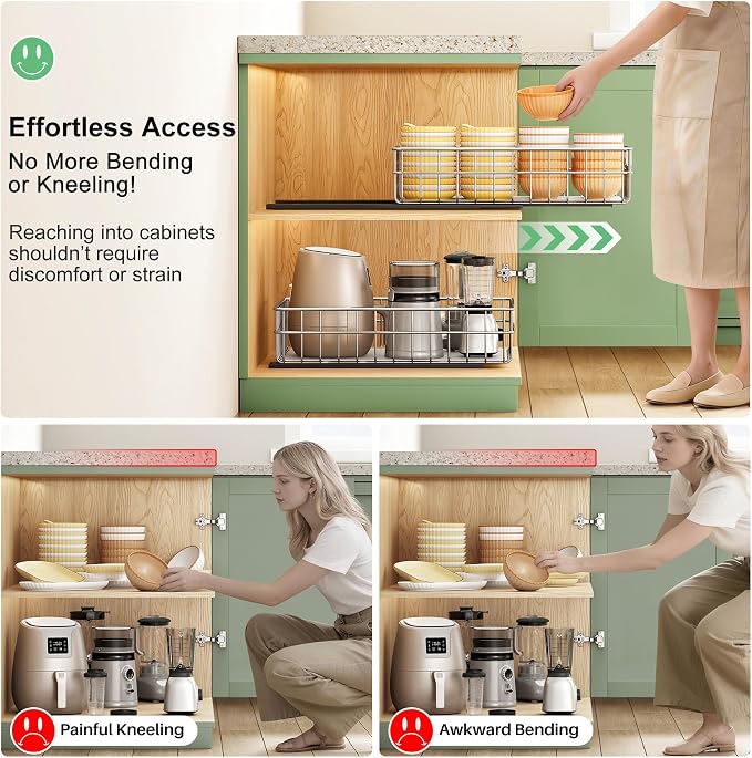 Stainless Steel Pull Out Cabinet Organizer(11.8"W x 16.5"D x 4.7"H)-1 Pack, Minimalist Design Frame, Full-Extension Slide Rails, Easy Installation for Pantry Organizers or Kitchen Cabinet Organizer - Image 5