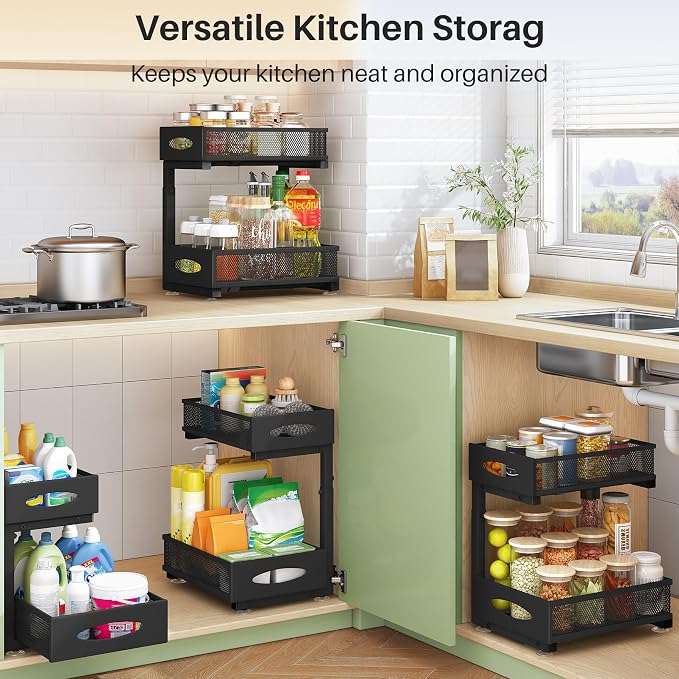 Under Sink Organizer, 2 Pack 2 Tier Pull out Cabinet Organizer Baskets with Mesh Sliding Drawers, Slide out Sink Storage Shelves for Home, Kitchen, Bathroom, Pantry, Office Organizers and Storag,Black - Image 8