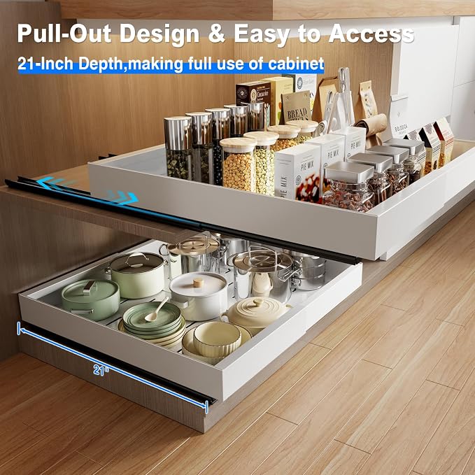 MUSTORN 2 Pack Pull Out Cabinet Organizer Expandable, 21"Deep Slide Out Drawer for Cabinets Adhesive Pull Out Drawers Heavy Duty Pull Out Shelves for Kitchen, Cupboard, Pantry, Bathroom(White) - Image 4