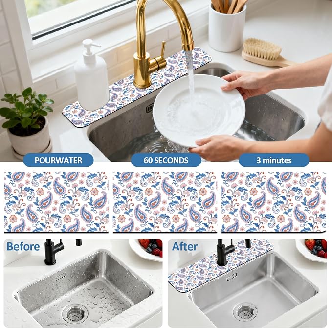 2 Pcs Kitchen Sink Splash Guard Faucet Mat Paisley Pattern Faucet Mat for Sinks Flower Absorbing Drying Mats for Kitchen Bathroom - Image 5