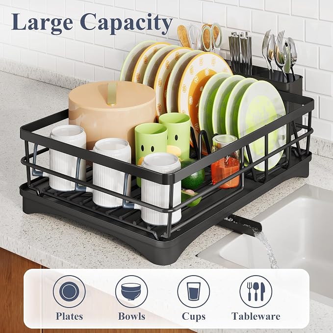 SAYZH Dish Drying Rack for Kitchen Counter with Utensil Holder, Black | Stainless Steel, Large Capacity, Angled Drainboard, Rotating Spout, Removable to Clean - Image 2