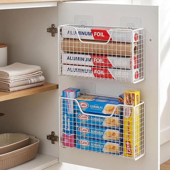 2 Pack Aluminum Foil Organizer, Foil and Plastic Wrap Organizer, Pantry Kitchen Cabinet Door Organizers, Self Adhesive Wall Mounted Storage Hanging Basket for Ziplock Bag, No-Drill, Mesh Metal, White - Image 3