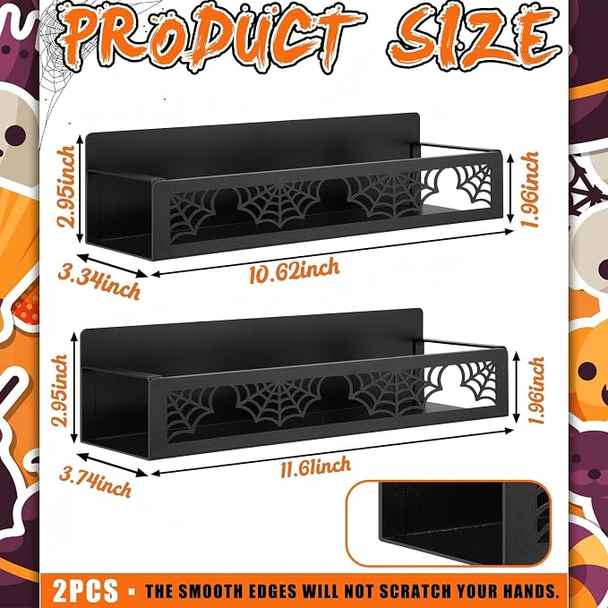 Beeveer 2 Pcs Magnetic Spice Rack for Refrigerator, Black Spider | Halloween Gothic Kitchen Decor, Spooky Home Accessories, 2 Sizes Metal Storage Shelf for Fridge Spices, No Drilling - Image 3