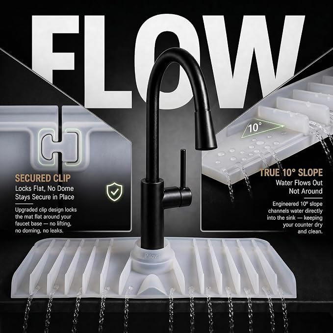 Premium Kitchen Sink Splash Guard – 16" x 5.7" Silicone Faucet Mat with Secure Pressure Clip, True 10° 3D Drainage(No Pooling), Anti-Lift Design, Flexible Leak-Sealing Ring, Non-Slip Fit Behind Faucet - Image 3