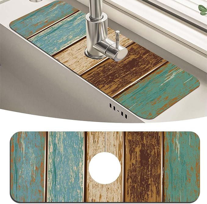 MCALK Wood Pattern Teal Kitchen Sink Faucet Mat Splash Guard, Absorbent Quick-Dry Kitchen Sink Mat - Ideal for Splash Guard & Drip Catching with Farmhouse Art Decor( 1pc 15"x5.5") by MCALK