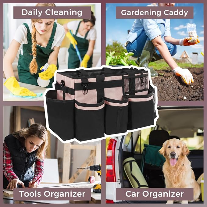 SCAVATA Wearable Cleaning Caddy, Cleaning Caddy Supplies Organizer with Handle & Shoulder Straps for Housekeepers, Under Sink & Car Cleaning Tool Organizers Bag with 4 Foldable Divider (Pink) - Image 7