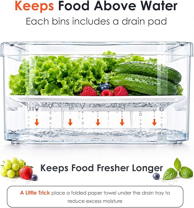 SMRCAD Clear Fridge Bins with Drain Trays - BPA-Free PET, Stackable(6 Pack) | 6 Pack: 1 Drawer + 5 lidded Bins, Helps Keep Produce Fresh, 16.3L Capacity, Hand Wash Only - Image 4