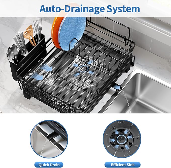 TOOLF Expandable Over The Sink Dish Drying Rack for Kitchen Counter, Black | Extend 12.56"-23.97"L,Stainless Steel & PP,Cups & Cutting Board Holder,Removable Utensil Holder,Adjustable Feet Fit Most Sink - Image 8