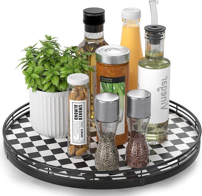AMH 13-Inch Black and White Checkerboard Lazy Susan with Oak Wood Base | Smooth rotating oak tray with walnut finish for dining tables, kitchen counters, pantries and cabinet storage. by AMH