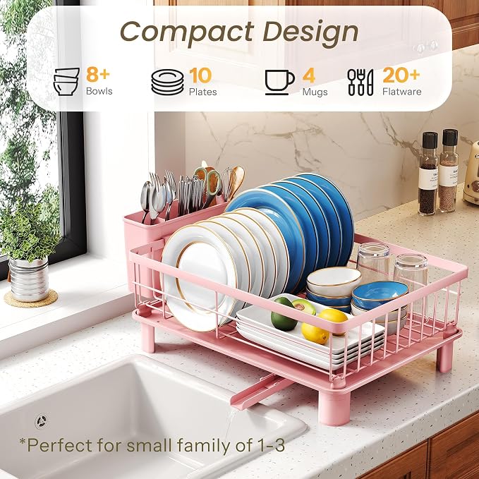SNTD Dish Drying Rack for Small Kitchen Counter, 11" W x 15" L, Pink | Space Saving, Rotating Spout & Angled Drainboard for Quick Drainage, Stainless Steel, Removable Utensil Holder - Image 3