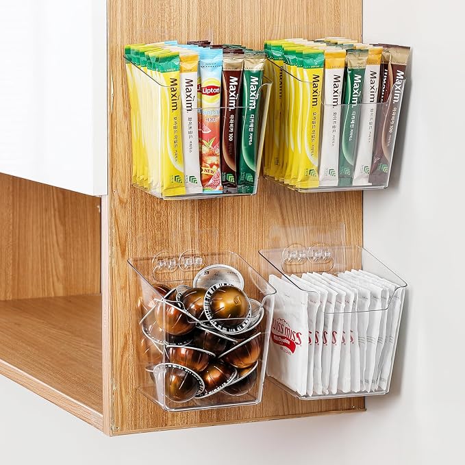 4-Pack Drink Packet Organizer, Kitchen Cabinet Door Organizer Adhesive | Acrylic Wall-Mounted Organizer, Clear Storage Bin Holder Box, Pantry Organizer Wall Caddy for K cup/Sewing Tool/Laundry Pods by Hiopeak