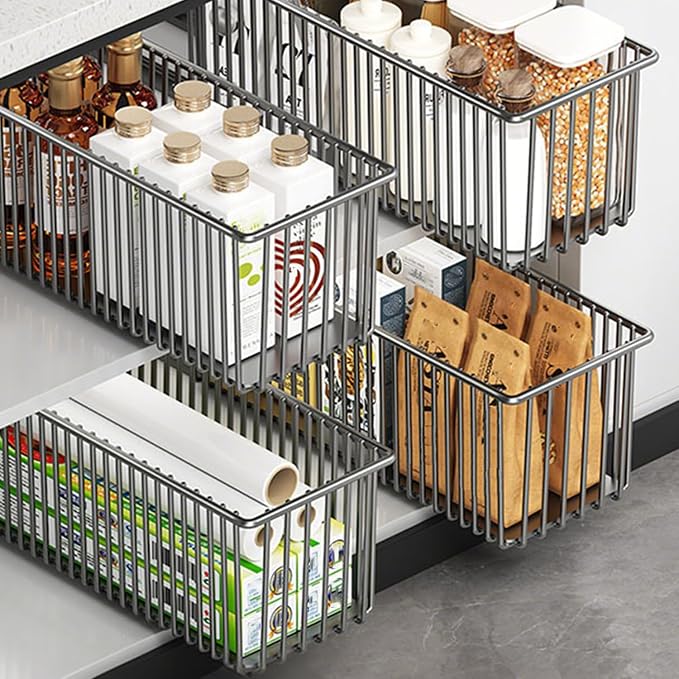 Pull Out Cabinet Organizer 2 Pack, Black Metal Storage Basket for Kitchen Cabinet, Bathroom, Under Sink, Self Adhesive Slide Out Pantry Shelves Drawer Storage, 15.8" LX 5.9" WX5.9 H - Image 6