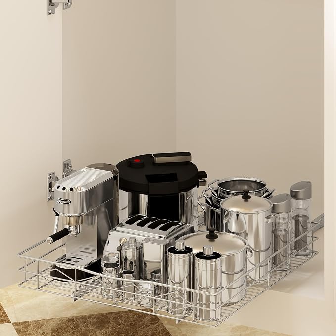 Pull Out Cabinet Organizer, 50LB Load Capacity Bottom-mount Sliding Drawer for Pots and Pans, 17" W x 21" D Under Sink Storage Shelf for Cabinet Opening 18" W x 22" D or Larger, Chrome Finish - Image 5