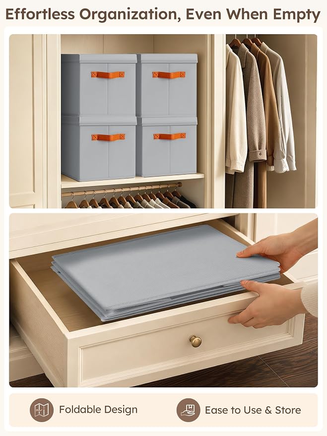 Storage Bins with Lids - Fabric Storage Baskets for Shelves, 6 Pack Foldable Decorative Boxes with Handles, Stackable Organizer Bins for Home, Nursery, Dorm, Grey - Image 5