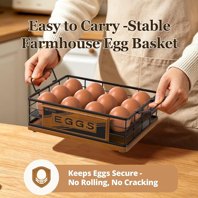 Farmhouse Egg Holder Countertop, Oak Wood & Metal Egg Basket with Handles | Stackable Rustic Egg Tray Organizer for Kitchen Counter, Holds 12 Eggs, Removable Divider for Fresh Egg Storage, Walnut - Image 3