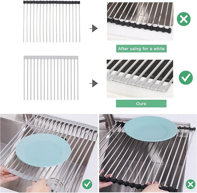 Roll Up Dish Drying Rack Over Sink, 17.5" x 13" Silicone Coated Stainless Steel Sink Drying Rack, Foldable Dish Drainer Rack for Kitchen Counter, Heat Resistant, Non-Slip, Space Saving, Gray - Image 8