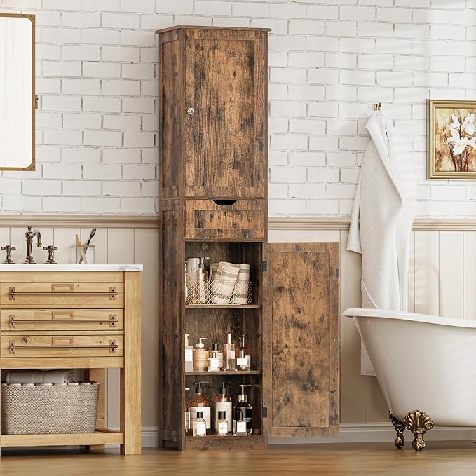 Iwell 67" Tall Storage Cabinet, Bathroom Cabinet with Drawer & Adjustable Shelves, Narrow Storage Cabinet, Floor Cabinet for Living Room, Home Office, Rustic Brown - Image 4