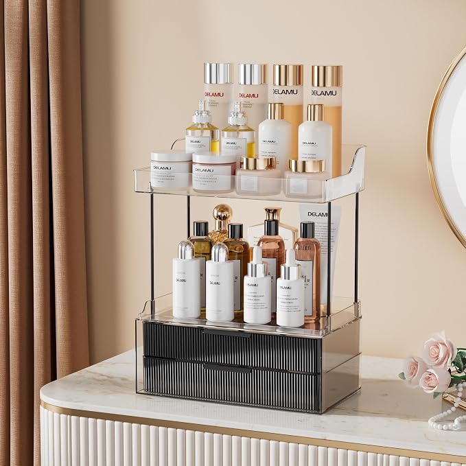 Delamu 4-Tier Makeup Organizer, Bathroom Counter Storage, 2 Drawers,Black | Elegant Vanity Organizer Gift for Women, Holds Perfume, Skincare, Nail Polish & Hair Accessories for Bathroom Countertop - Image 3