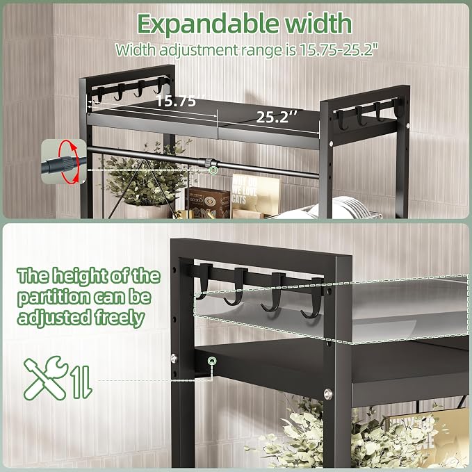3 Tier Expandable Microwave Stand countertop,Microwave Oven Rack | microwave shelf with Cutting Board Holder and Knife Holder, storage shelf for pans &appliances,55 Lbs load Per Tier,Black - Image 6