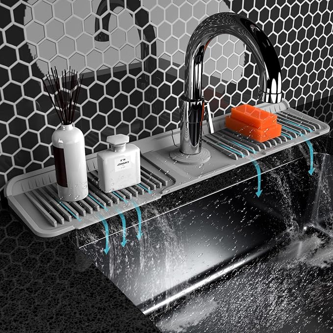 Folding sink splash guard behind faucet-faucet mat for kitchen sink-silicone kitchen faucet mat-faucet draining mat of sink accessories with button lock by Unknown