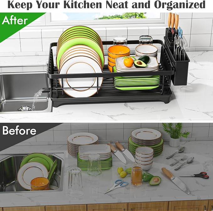 Kmiectse Dish Drying Rack for Small Kitchen Counter with Utensil Holder | Space Saving, Rust Resistant, Quick Drainage Dish Rack, Compact Dish Drainer Organizer for Home Kitchen, Black - Image 6