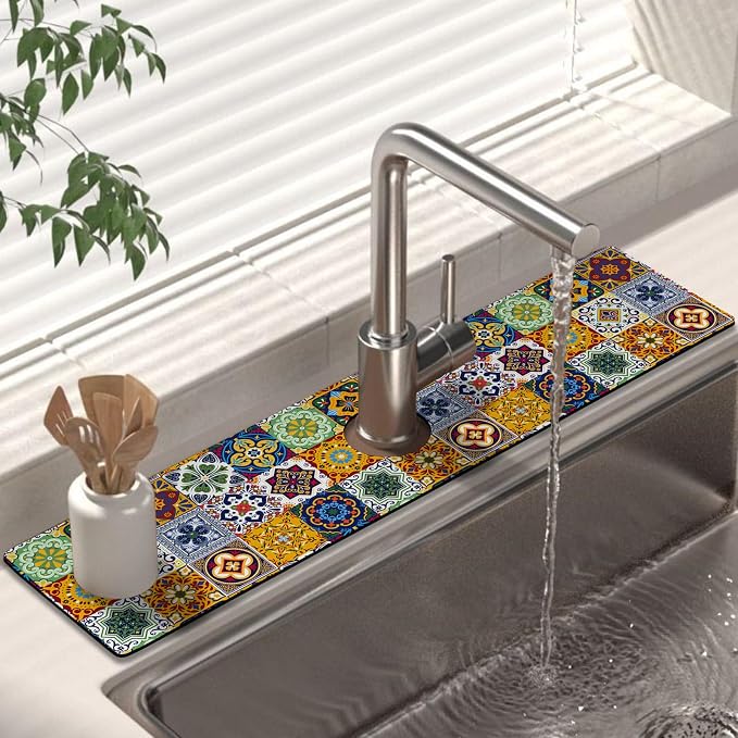 Kitchen Sink Splash Guard Faucet Mat 24" X 5.5" Talavera Mexican Tiles Absorbent Fast Drying Mat Faucet Draining Mat Sink Splash Guard Behind Faucet Drip Catcher for Kitchen Bathroom by Unknown