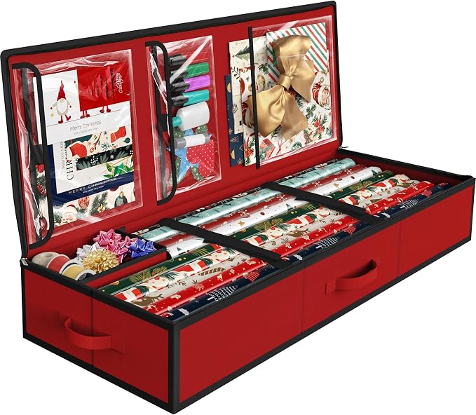Simple Houseware 41.5" Wrapping Paper Organizer, Fits 40 Rolls, Red | Adjustable Straps, Interior Divider for Ribbons & Bows, 3 Clear Pockets for Gift Bags & Tools, 41.5"L x 16"W by SimpleHouseware